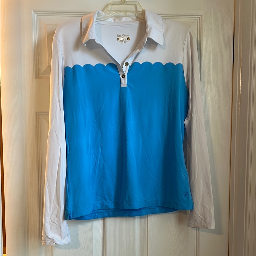 Lilly Pulitzer Blue and White Long Sleeve Polo Shirt
